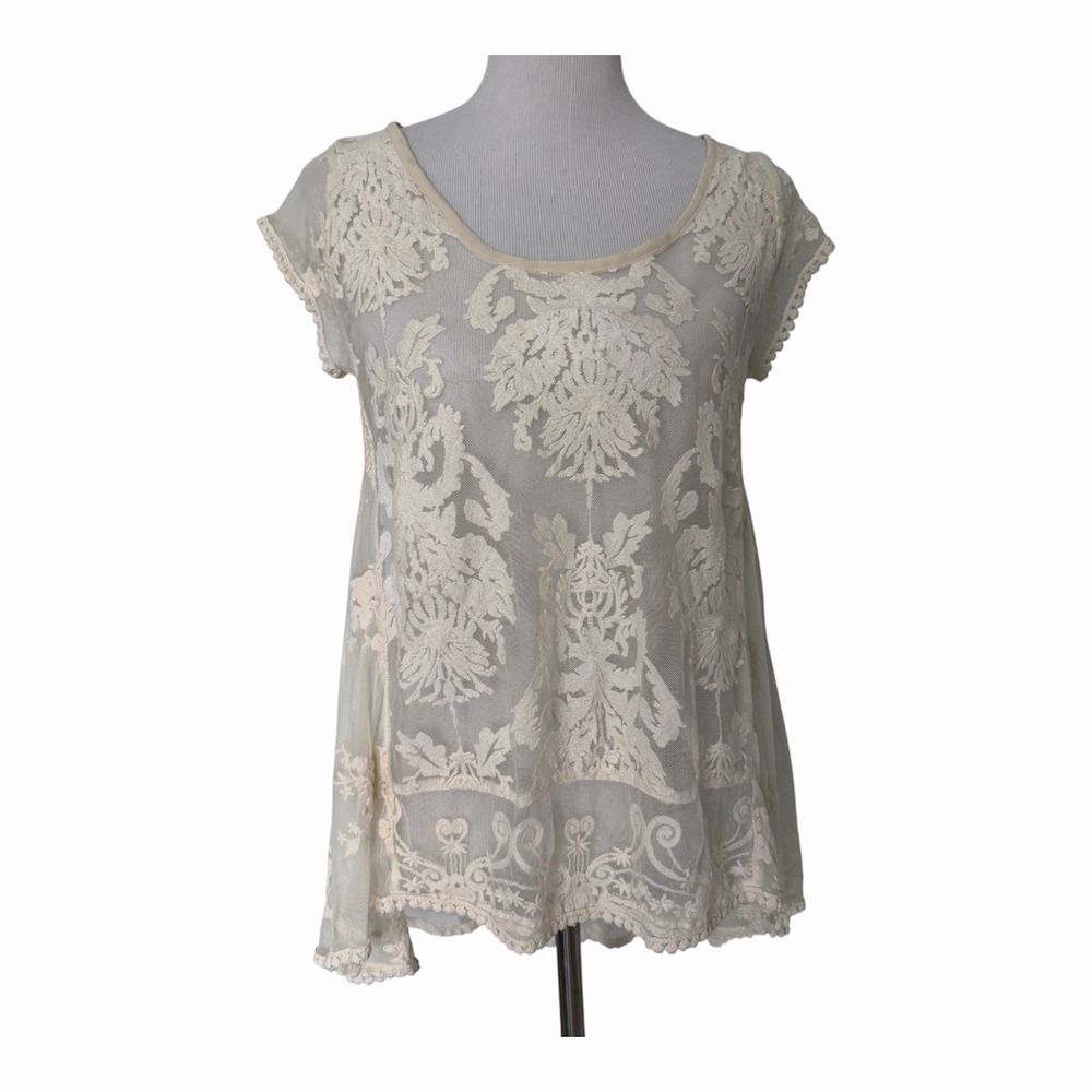 Olían Size-S Women's Top Beige White‎ Lace Sheer Maternity